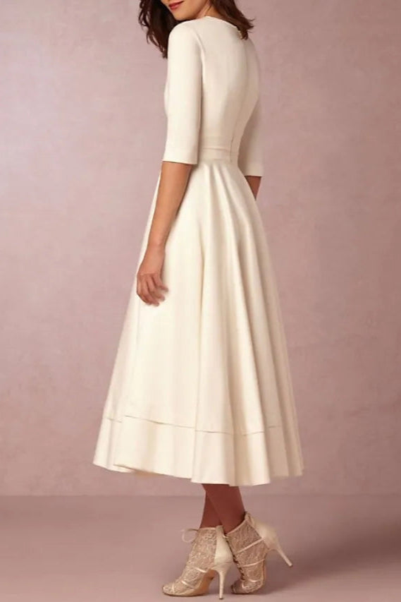 A-Line Short Wedding Dresses V Neck Tea Length Satin Half Sleeve