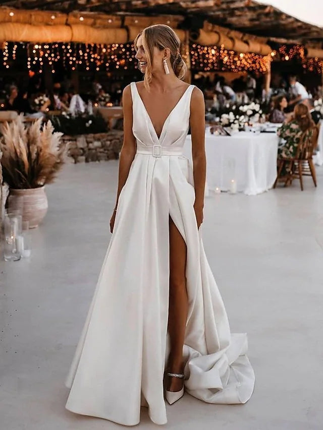 A-Line Wedding Dresses V Neck Simple Sexy with Sashes / Ribbons Split Front - A-Line Wedding Dresses V Neck Simple Sexy with Sashes / Ribbons Split Front -