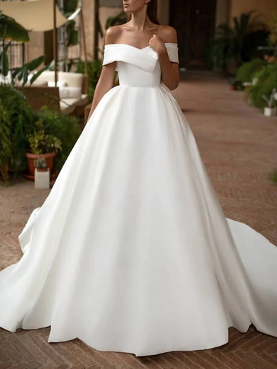 A-Line Satin Wedding Dresses Off Shoulder Court Train