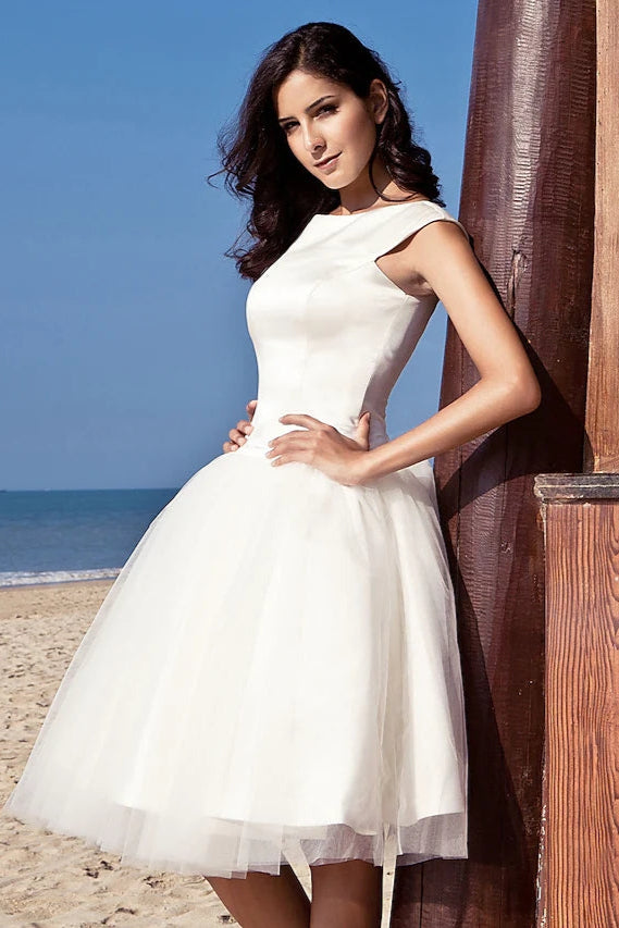 A-Line Wedding Dresses Knee Length Satin Tulle Vintage Plus Size Cute with Draping