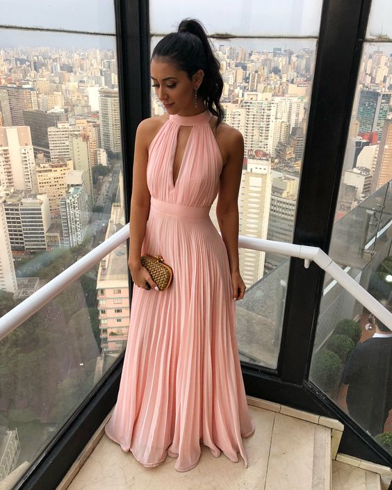 Simple Long Chiffon Peach Bridesmaid Dress Open Front