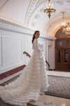 Long Sleeves V Neck Tiered Cake Wedding Bridal Gown
