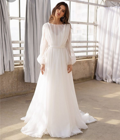 A Line V Back Long Sleeves Bohemian Wedding Dresses