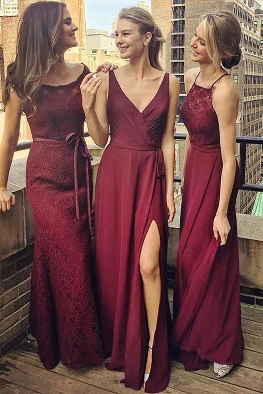 Burgundy Long Lace Chiffon Bridesmaid Dresses A B C Style TB1370