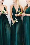 Dark Green Long Chiffon V Neck Bridesmaid Dress