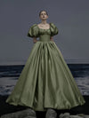 Puff Sleeve Satin Avocado Green Prom Dress