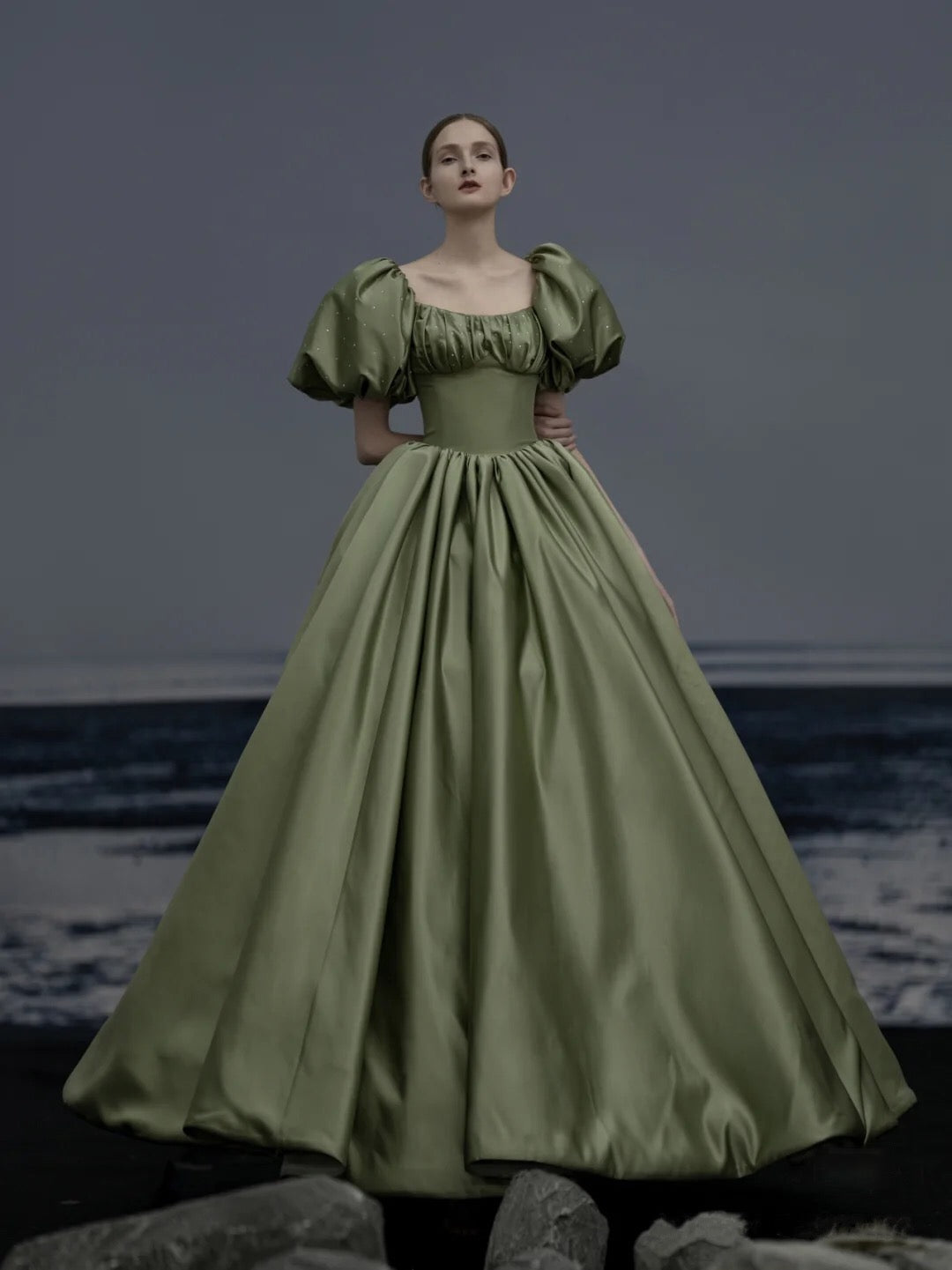 Puff Sleeve Satin Avocado Green Prom Dress TANYA BRIDAL Puff Sleeve Satin Avocado Green Prom Dress TANYA BRIDAL