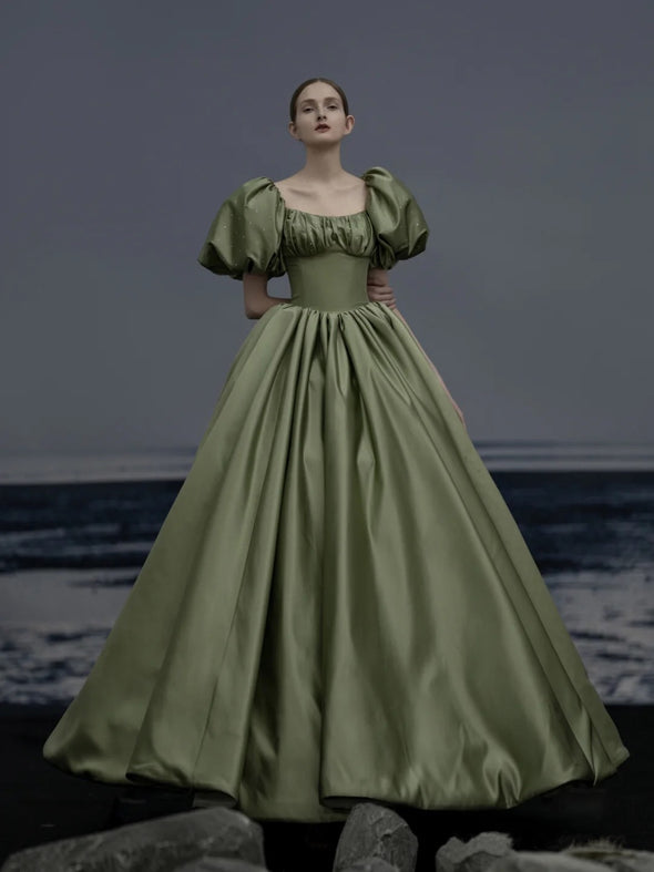 Puff Sleeve Satin Avocado Green Prom Dress