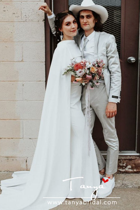 modern wedding dress with cape June Bridals Simple Casual Trumpet V-neck Sleeveless Summer Wedding Dress Beach for Women Floor-length with V Back Long Train