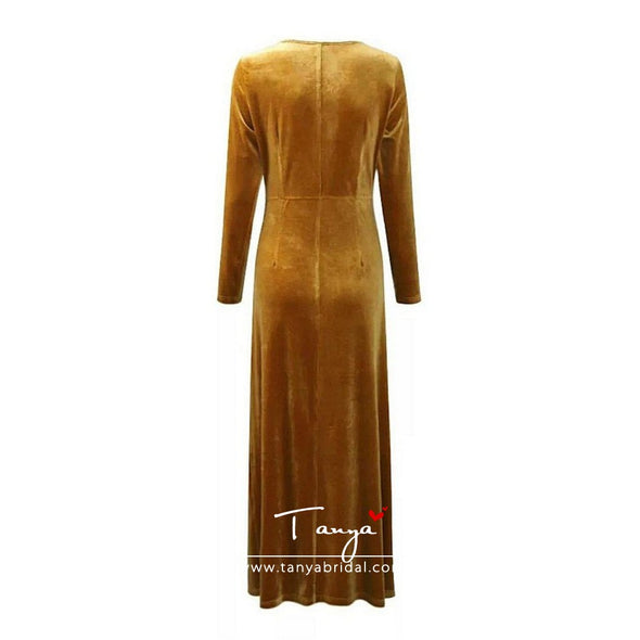 Long Sleeves Deep V Evening Dresses Gold Velvet High Side Split