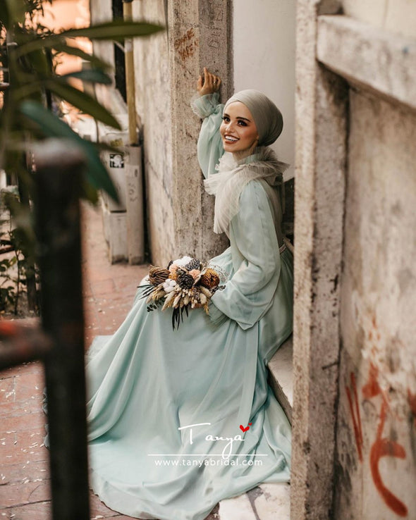 Light Green Muslim Wedding Dresses Long Sleeves A Line Chiffon Bridal Dress
