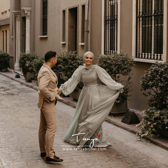 Light Green Muslim Wedding Dresses Long Sleeves A Line Chiffon Bridal Dress