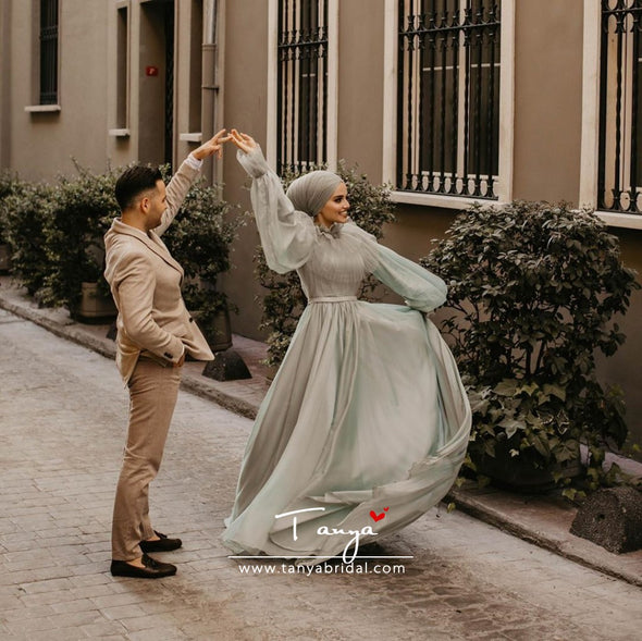 Light Green Muslim Wedding Dresses Long Sleeves A Line Chiffon Bridal Dress DQG1111