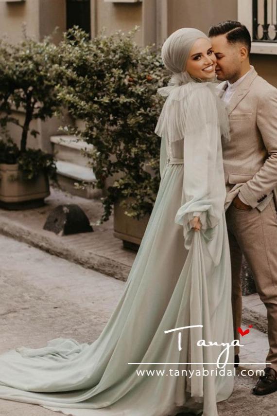 Light Green Muslim Wedding Dresses Long Sleeves A Line Chiffon Bridal Dress