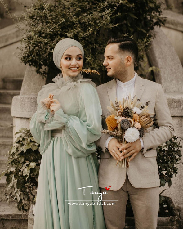 Light Green Muslim Wedding Dresses Long Sleeves A Line Chiffon Bridal Dress