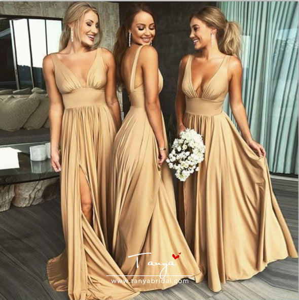 Deep V Neck Split Side Bridesmaid Dresses For Wedding TBB1029