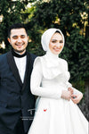 Satin White Muslim Wedding Bridal Dress Long Sleeves High Neck Arabic Dress DQG1117