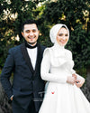 Satin White Muslim Wedding Bridal Dress Long Sleeves High Neck Arabic Dress DQG1117