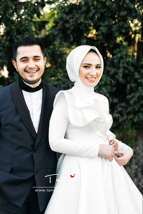 Satin White Muslim Wedding Bridal Dress Long Sleeves DQG1117