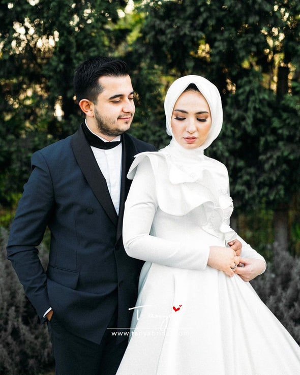 Satin White Muslim Wedding Bridal Dress Long Sleeves DQG1117