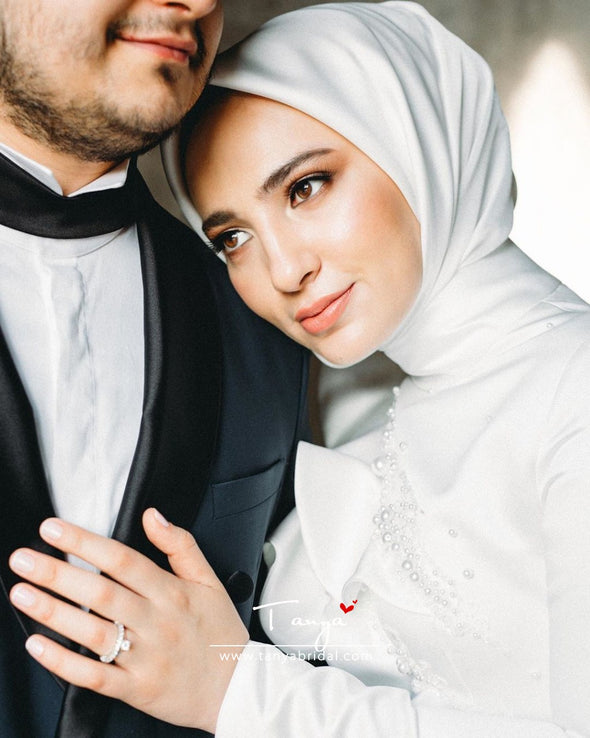 Satin White Muslim Wedding Bridal Dress Long Sleeves DQG1117