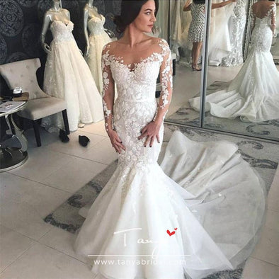 Charming Lace Mermaid Long Sleeves Wedding Dresses 2020 Sheer Lace Appliques Trumpet Bridal Engagement Dresses Robe de mariee