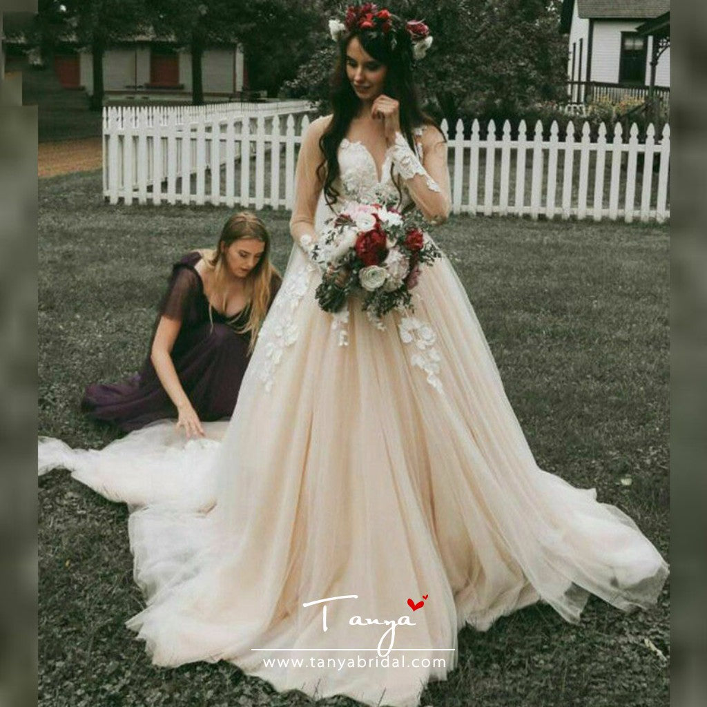 Champagne Wedding Dresses Long Sleeves Lace Up Back lace Appliques Boh TANYA BRIDAL Champagne Wedding Dresses Long Sleeves Lace Up Back lace Appliques Boh TANYA BRIDAL