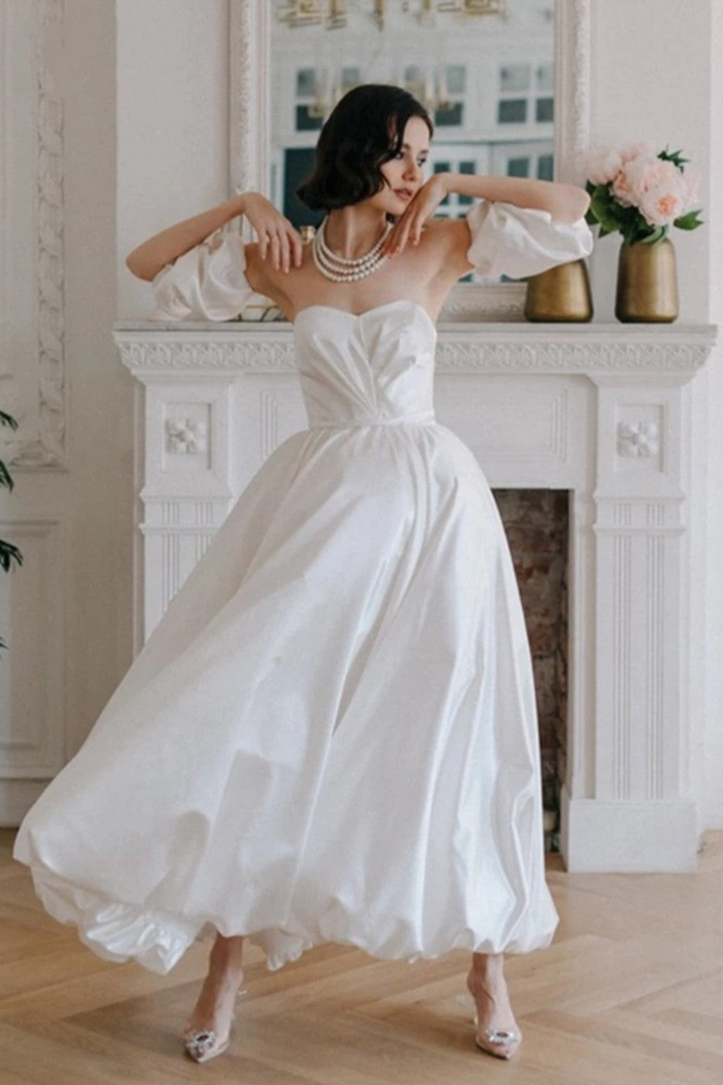 wedding dresses ankle length Taffeta A Line Wedding Dresses Ankle Length With Cloud Detachable Slee – TANYA BRIDAL