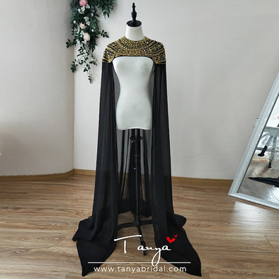 Black Luxury Beaded Wedding Cape Gold Beads Fashion Bridal Shawl Afrcan Event Evening Accessories Long Cape DJ131