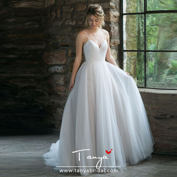 Modest Tulle Wedding Dresses With Button On Back TBW40