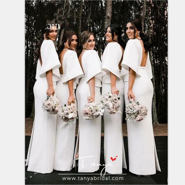 White Sheath Bridesmaid Dresses V Neck Backless Flat Sleeve Floor Length Back Split Garden Country Wedding Guest Gowns
