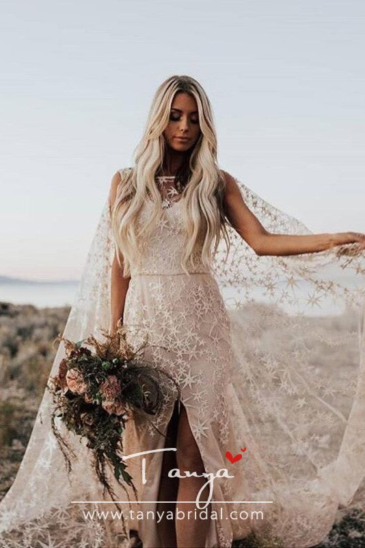 Swooning Dazzling Wedding Dresses Awesome Floral Print Star Bridal Gowns With Cape Bohemian Country Vestido De Noiva ZW124