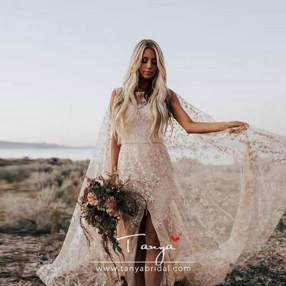 Swooning Dazzling Wedding Dresses Awesome Floral Print Star Bridal Gowns With Cape Bohemian Country Vestido De Noiva ZW124