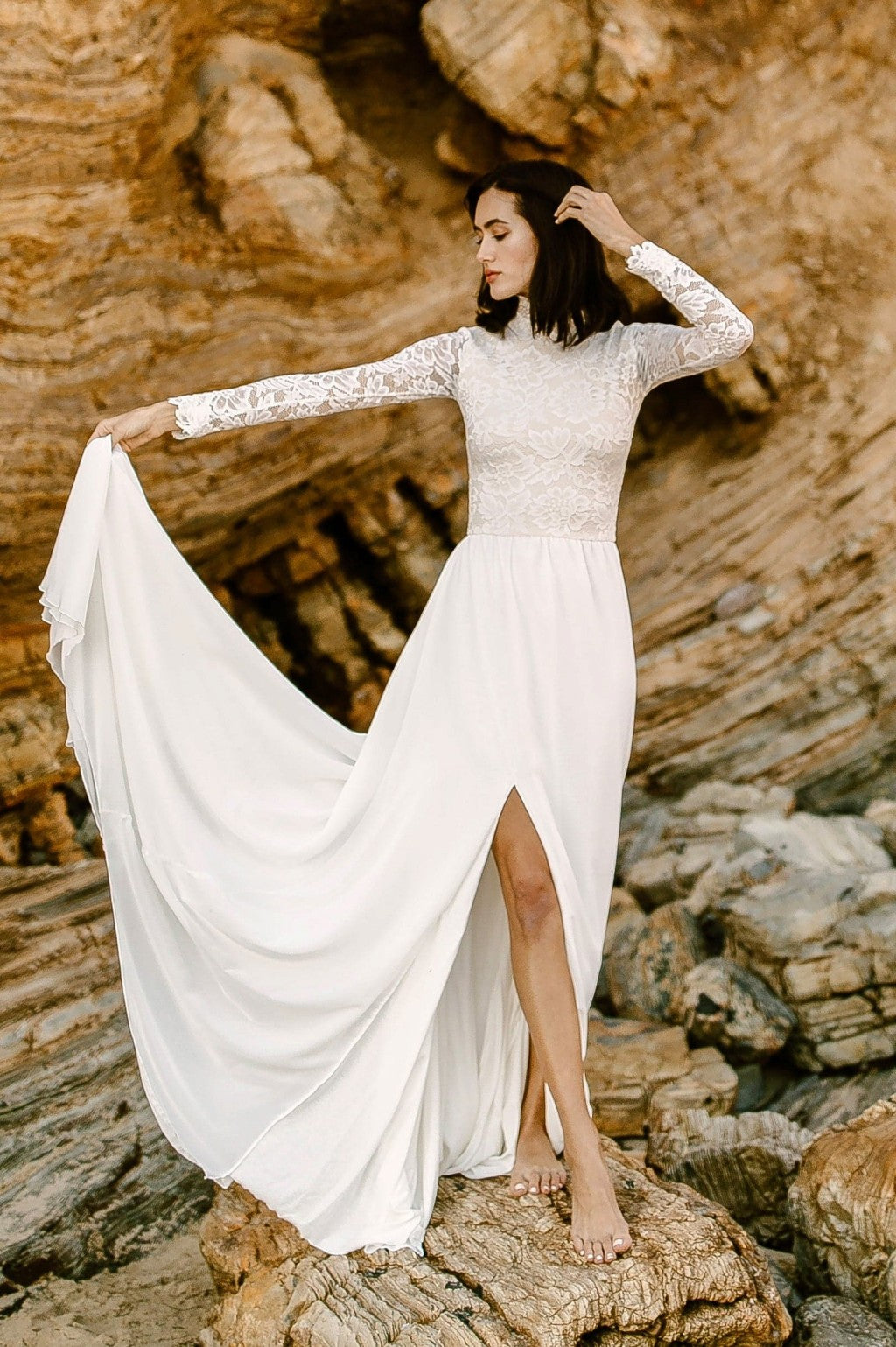 High Neck Long Sleeves Lace A Line Wedding Dress Side Split Bohemian TANYA BRIDAL High Neck Long Sleeves Lace A Line Wedding Dress Side Split Bohemian TANYA BRIDAL