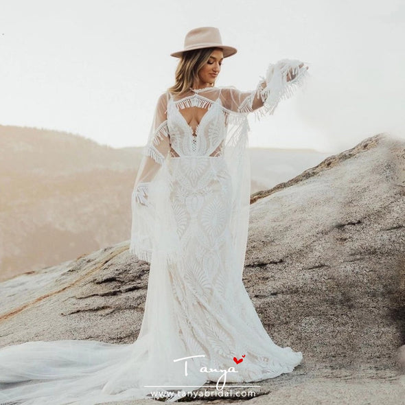 Bohemian Lace Mermaid Wedding Dresses With Detachable Cape DW459