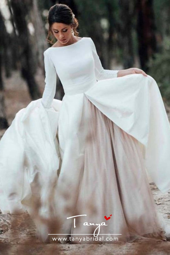 Two Pieces Long Sleeves Satin Wedding Dresses With Kakhi Skirt Bride Dress