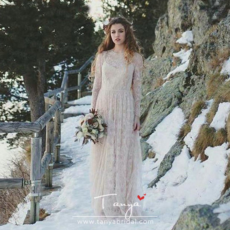Romantic Champagne Long Sleeve Full Lace Bohemian Wedding Dresses Vintage O-Neck Open Back Boho Country Bridal Wedding Dress - Romantic Champagne Long Sleeve Full Lace Bohemian Wedding Dresses Vintage O-Neck Open Back Boho Country Bridal Wedding Dress -