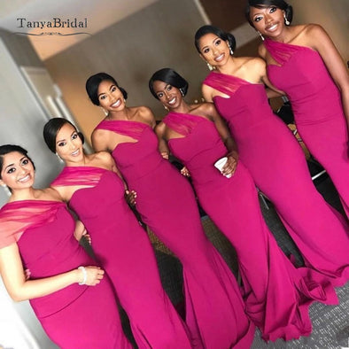 Black Gilrs Mermaid Fuschia Bridesmaid Dresses One Shoulder Floor Length Evening Gowns Maid Of Honors Dresses