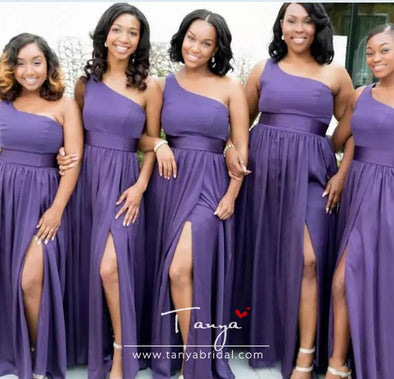 One Shoulder African Bridesmaid Dresses Floor Length Side Slit Cheap Wedding Guest Dress Modest Chiffon Bridesmaid Prom Gowns