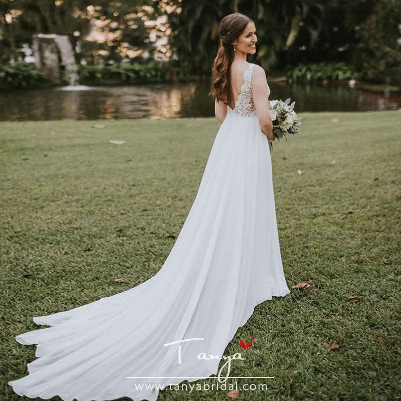 V-Back Chiffon Weddding Dresses bohemian Elegant Bridal Gowns Ivory Ro – TANYA BRIDAL