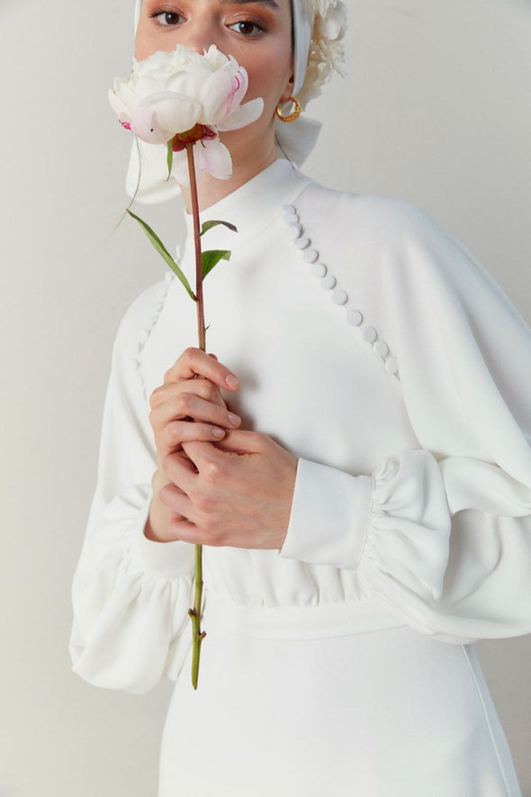 Simple Long Wedding Dress Muslim Floor Length With Buttons