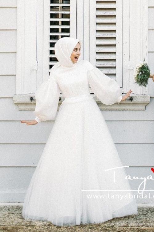 White Pearls Elegant Muslim Wedding Dresses DQG1118