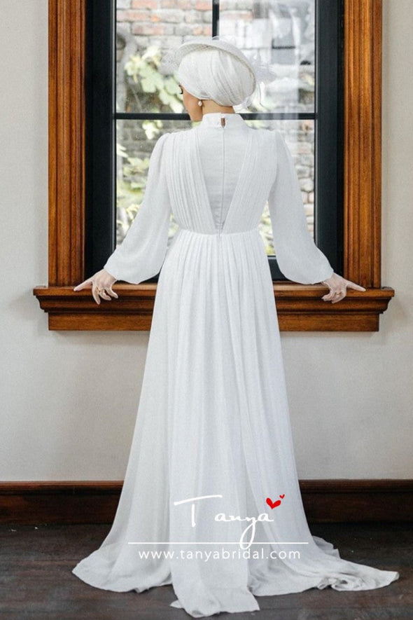 White Long Sleeves A Line Soft Satin Muslim Wedding Dresses DQG1122