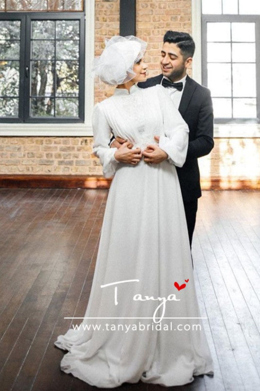 Long Sleeves A Line Soft Satin Muslim Wedding Dresses DQG1122