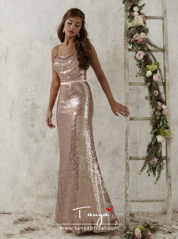 Trendy Spaghetti Straps Sheath Rose Gold Sequined Bridesmaid Dress with Sash