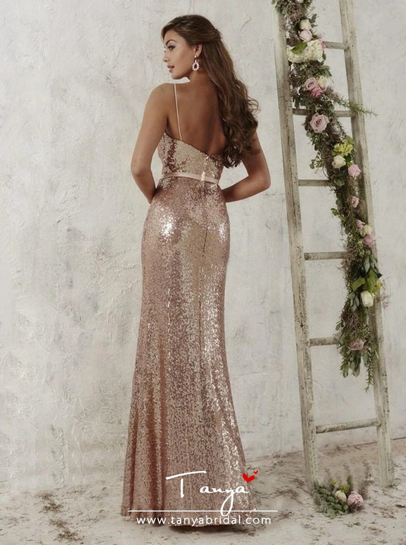 Trendy Spaghetti Straps Sheath Rose Gold Sequined Bridesmaid Dress with Sash