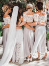Two Piece Off-the-Shoulder Light Grey Bridesmaid Dress with Lace