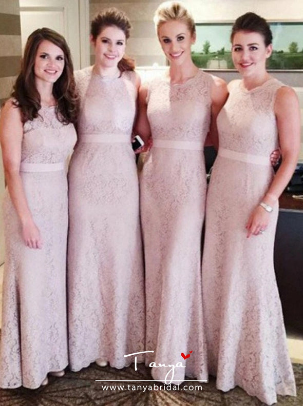 Sheath Round Neck Floor-Length Pink Lace Bridesmaid Dress with Sash