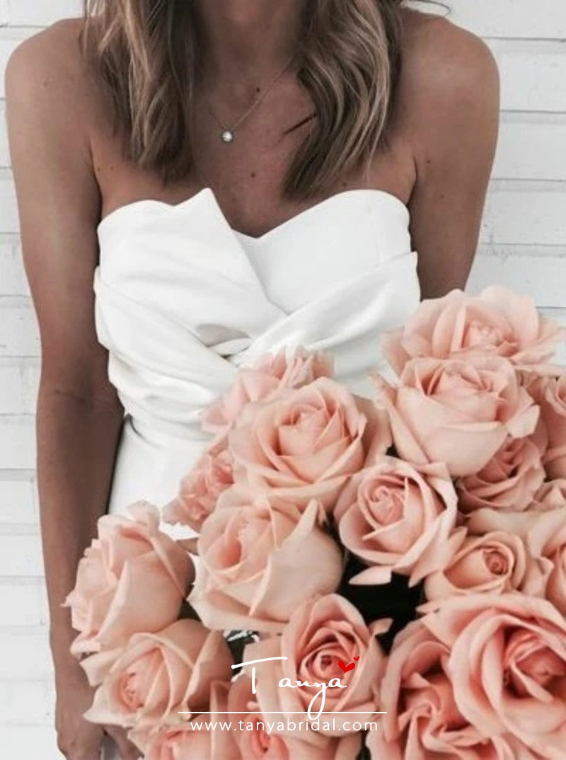 Sheath Sweetheart Asymmetrical Ruched Ivory Satin Bridesmaid Dress TANYA BRIDAL Sheath Sweetheart Asymmetrical Ruched Ivory Satin Bridesmaid Dress TANYA BRIDAL