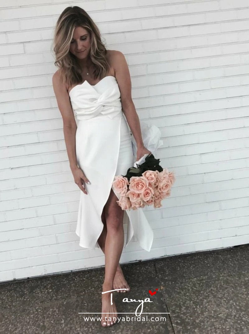 Sheath Sweetheart Asymmetrical Ruched Ivory Satin Bridesmaid Dress TANYA BRIDAL Sheath Sweetheart Asymmetrical Ruched Ivory Satin Bridesmaid Dress TANYA BRIDAL